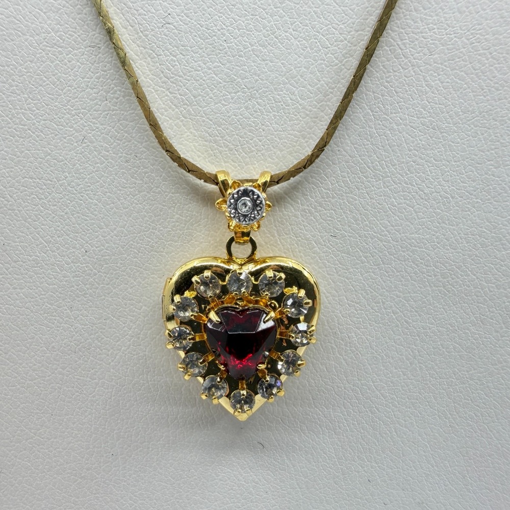Gold Tone Red Heart Locket Necklace Crystal Rhinestone Halo Statement Pendant